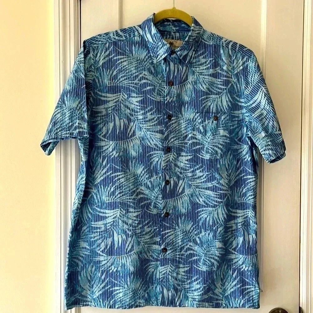 100% Cotton Men's Button Down Shirt Camp Small Blue Tropical Print Pocket Beach